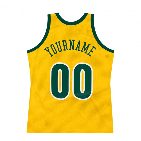 Custom Gold Hunter Green-White Authentic Throwback Basketball Jersey