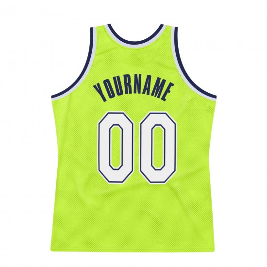 Custom Neon Green White-Navy Authentic Throwback Basketball Jersey