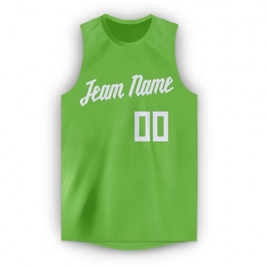 Custom Neon Green White Round Neck Basketball Jersey