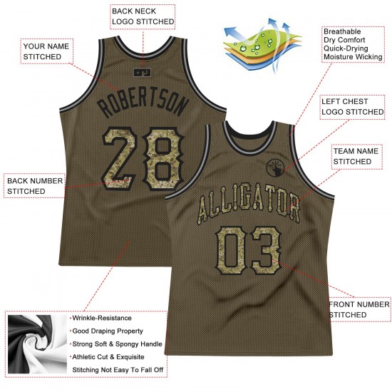 Custom Olive Camo-Black Authentic Throwback Basketball Jersey