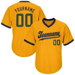 Custom Gold Hunter Green-Navy Authentic Throwback Rib-Knit Baseball Jersey Shirt