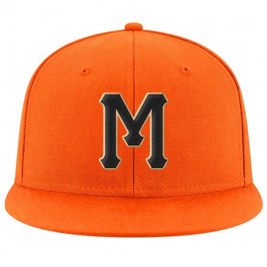 Custom Orange Black-Old Gold Stitched Adjustable Snapback Hat